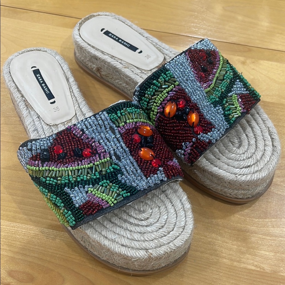 ZARA Basic Beaded Espadrille Slide Sandals Size 38/ US 8